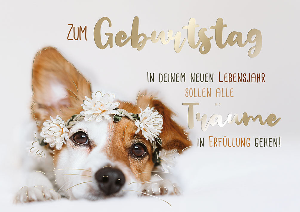 Sternstunden Geburtstagskarte „Hund mit Blumenkranz“