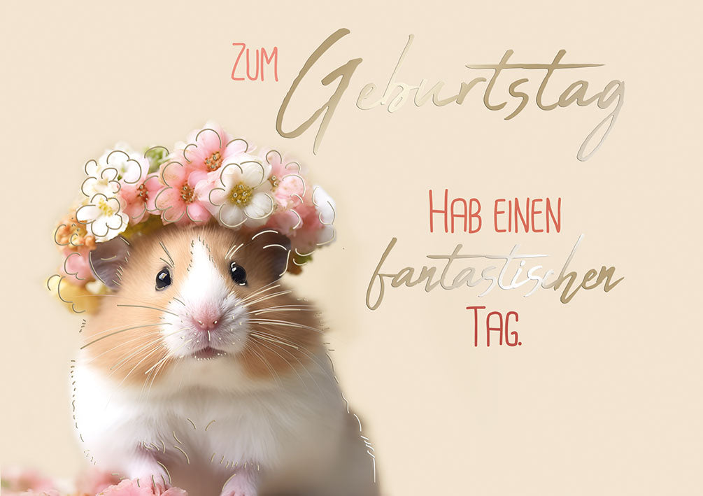 Sternstunden Geburtstagskarte „Hamster mit Blumenkranz“