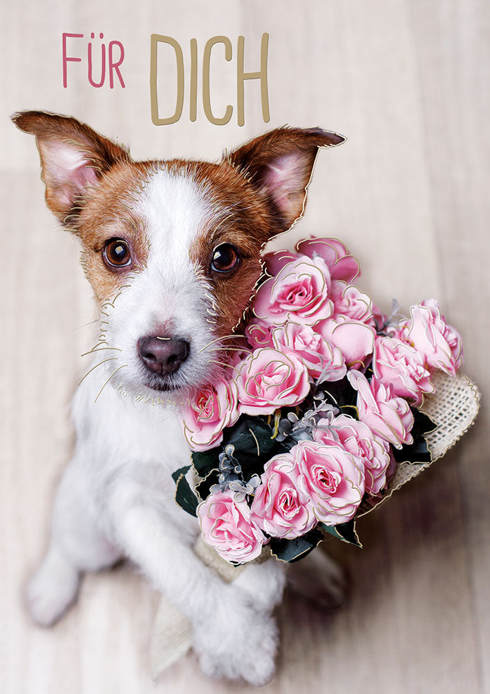 Sternstunden Glückwunschkarte „Hund mit Rosen – Für Dich“