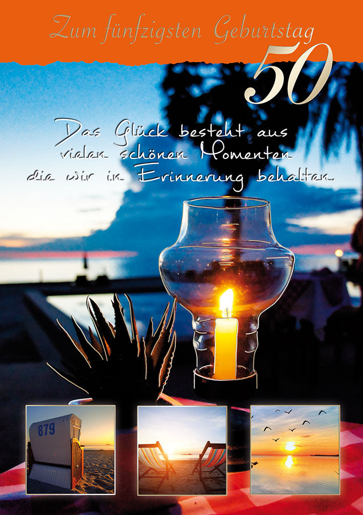 Blue Emotions Karte zum 50. Geburtstag „Windlicht am Meer“
