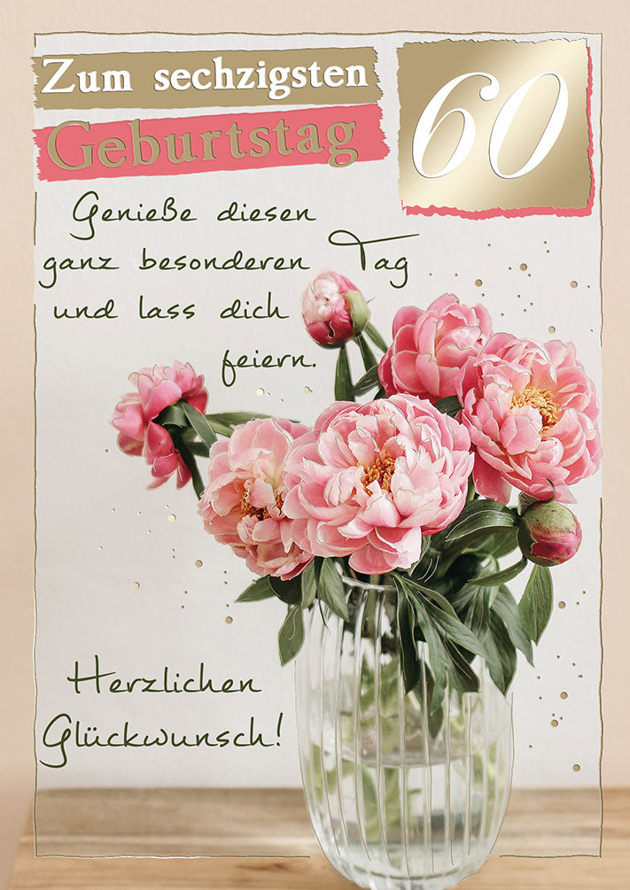 Blue Emotions Karte zum 60. Geburtstag „Pfingstrosen“