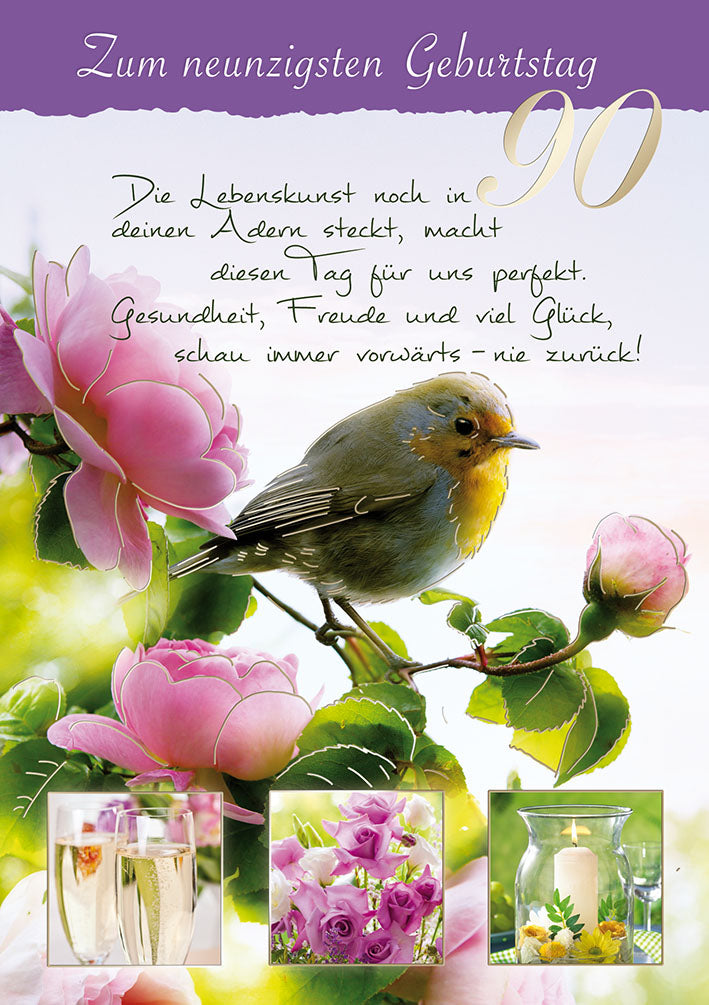 Blue Emotions Karte zum 90. Geburtstag „Rotkehlchen“
