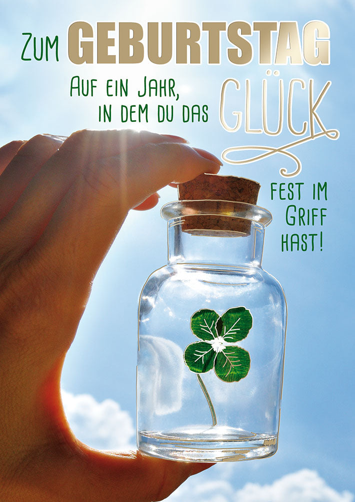 Mit freundlichen Grüßen Geburtstagskarte „Glück im Glas“