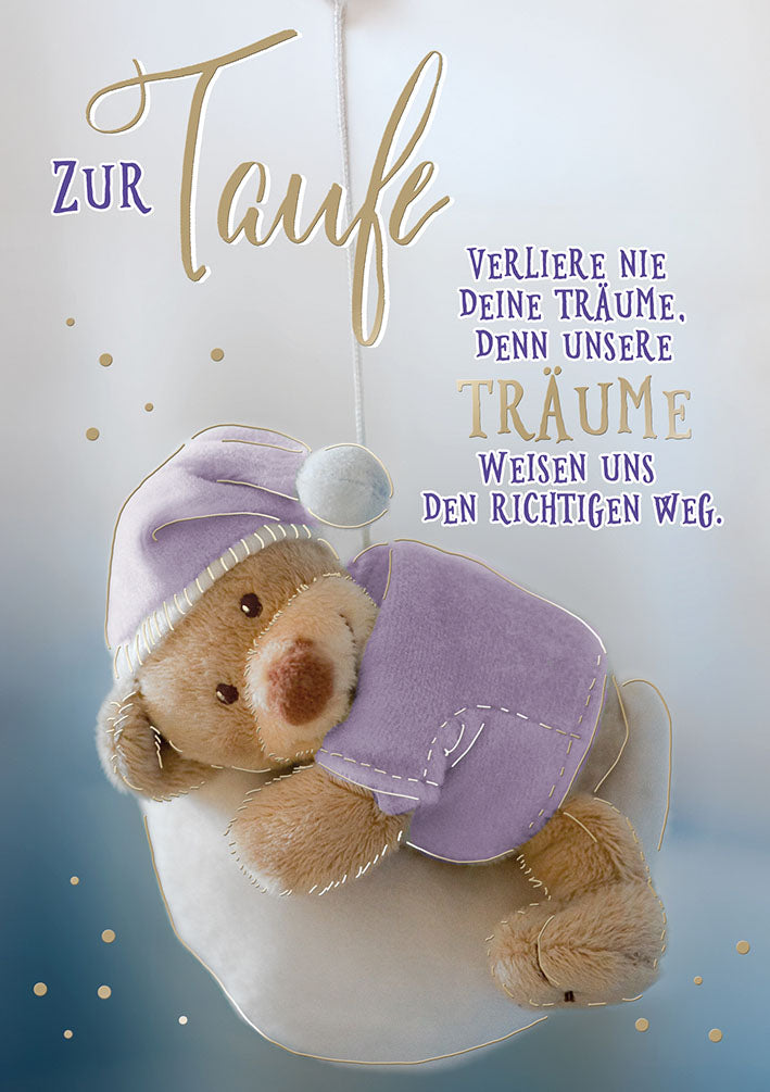 Mit freundlichen Grüßen Taufkarte „Teddy auf dem Mond“