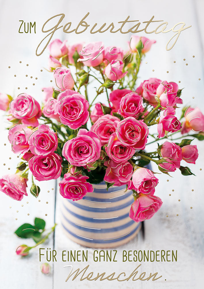 Mit freundlichen Grüßen Geburtstagskarte „Rosen im Topf“