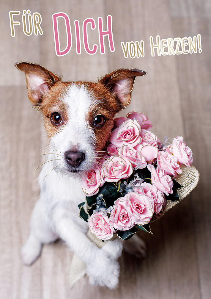 Mit freundlichen Grüßen Glückwunschkarte „Hund mit Rosenstrauß“