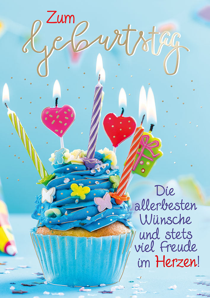 Mit freundlichen Grüßen Geburtstagskarte „Cupcake mit Kerzen“