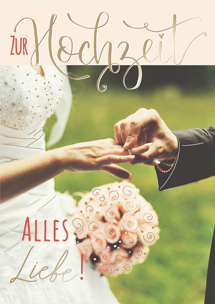 Mit freundlichen Grüßen Hochzeitskarte „Ringe und Brautstrauß“