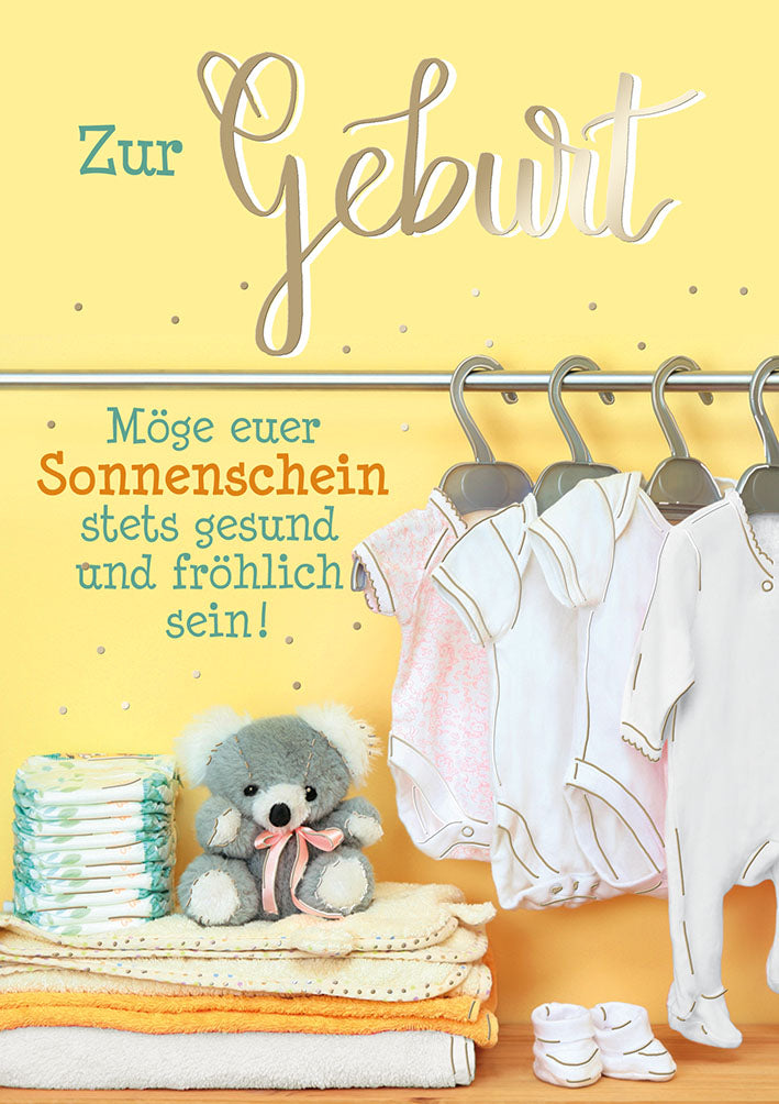 Mit freundlichen Grüßen Karte zur Geburt „Babykleidung“