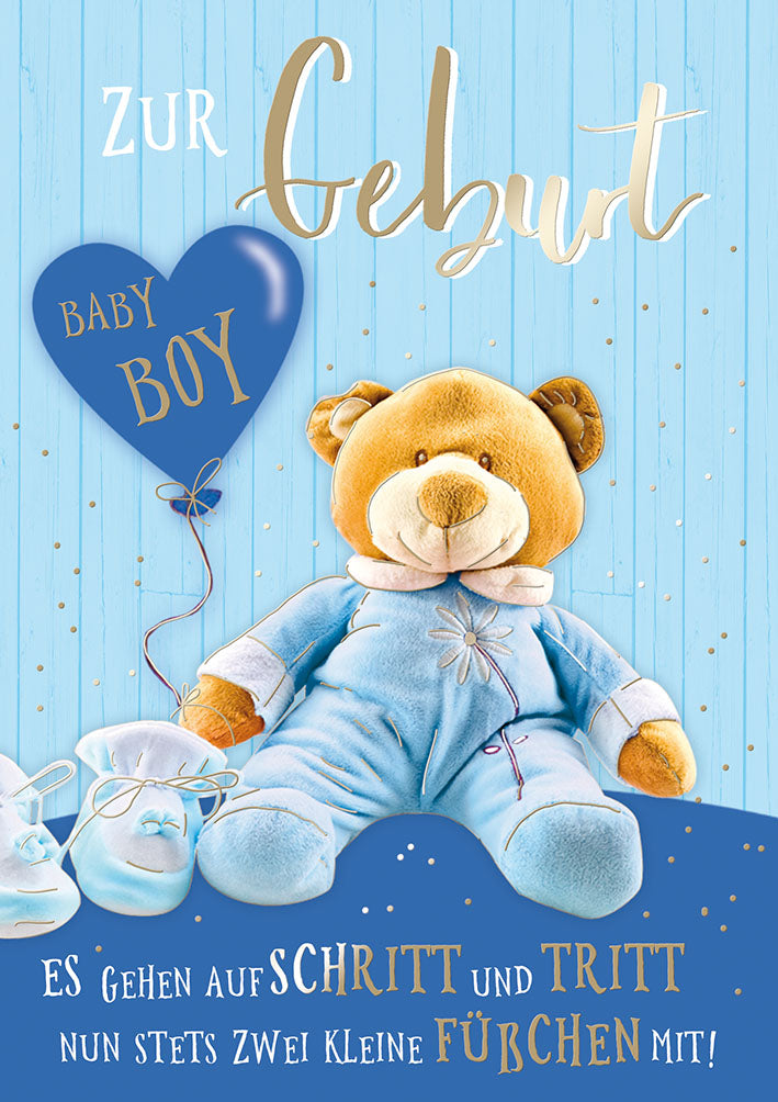 Mit freundlichen Grüßen Karte zur Geburt „Teddy Baby Boy“