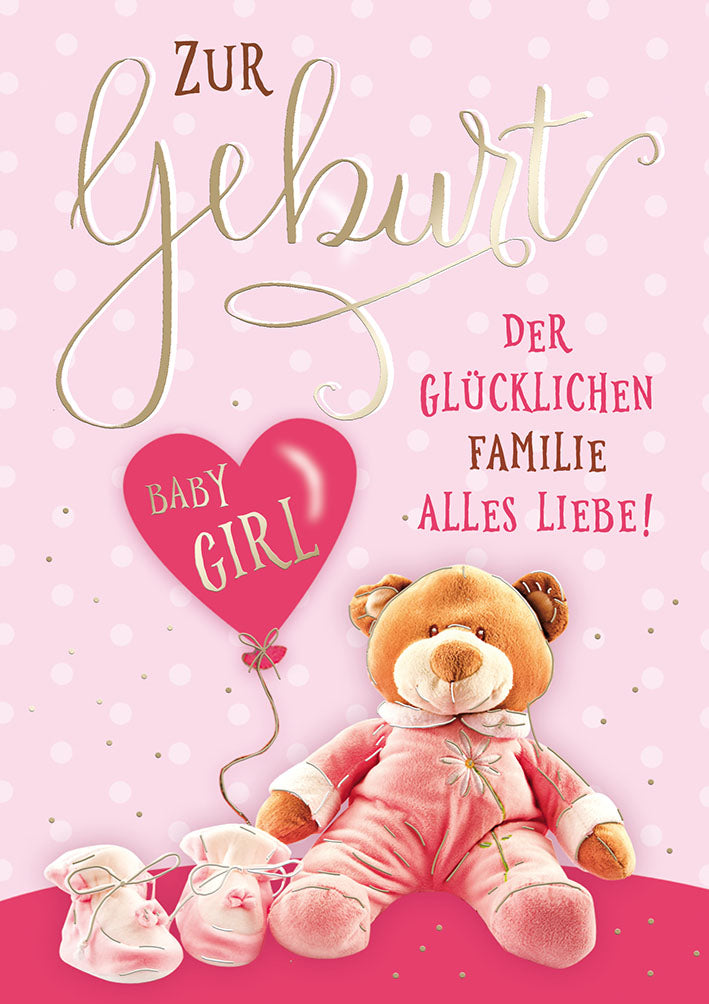 Mit freundlichen Grüßen Karte zur Geburt „Teddy Baby Girl“
