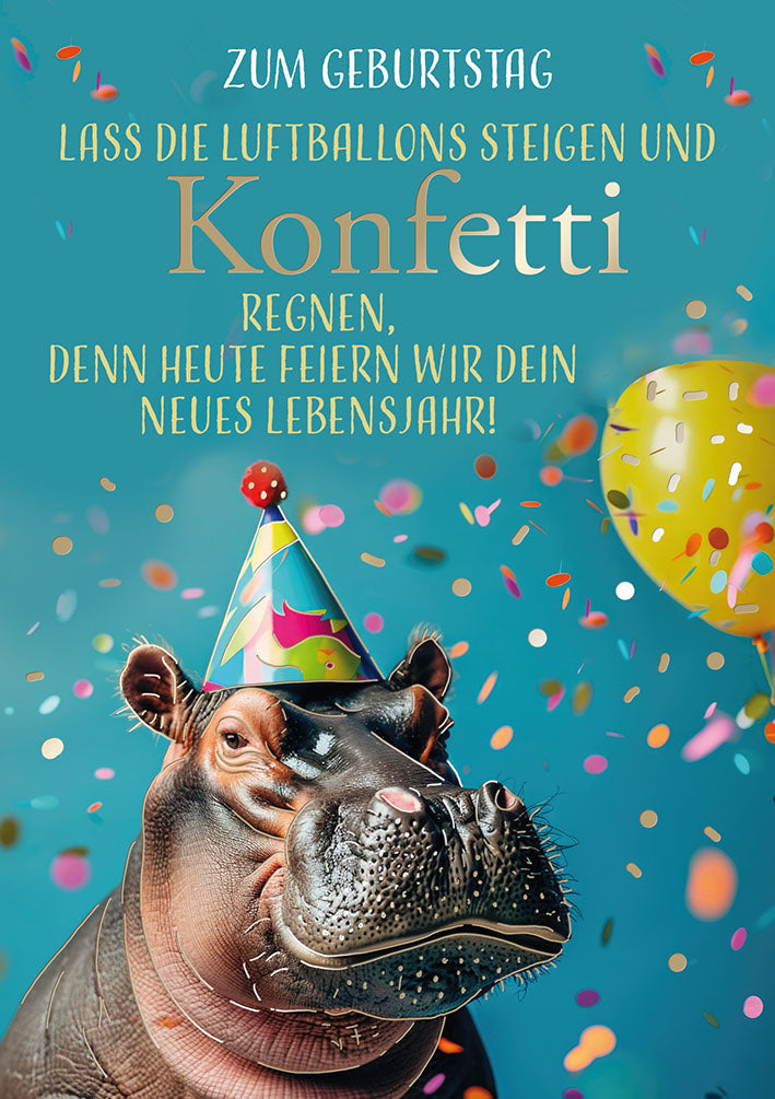 Hippo Birthday Geburtstagskarte „Partyhut und Konfetti“