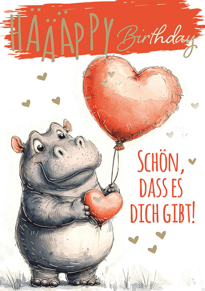 Hippo Birthday Geburtstagskarte „Nilpferd mit Herzballon“