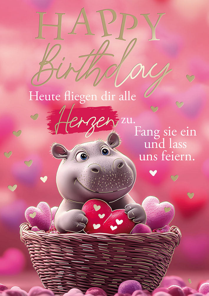 Hippo Birthday Geburtstagskarte „Herzkorb“
