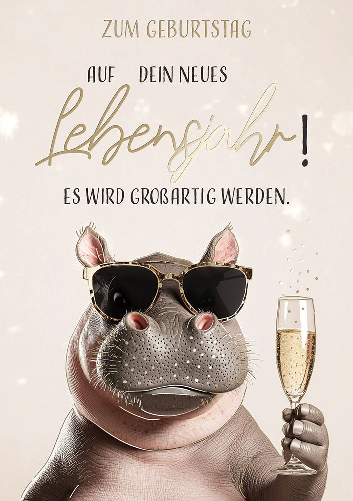 Hippo Birthday Geburtstagskarte „Sonnenbrille und Sekt“