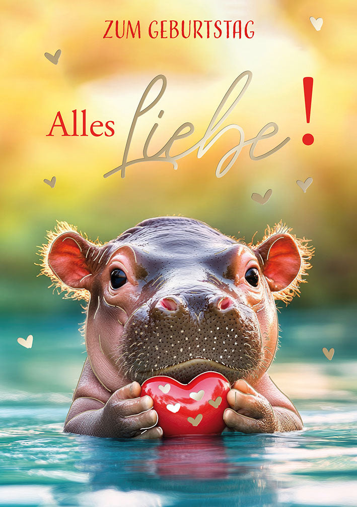 Hippo Birthday Geburtstagskarte „Herz im Wasser“