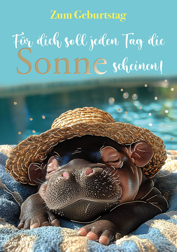 Hippo Birthday Geburtstagskarte „Strohhut“