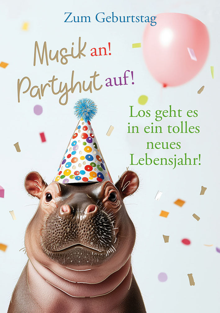 Hippo Birthday Geburtstagskarte „Partyhut“