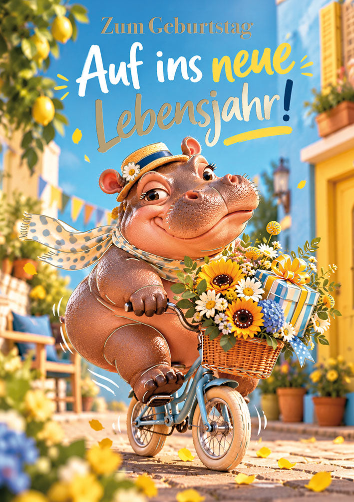 Hippo Birthday Geburtstagskarte „Fahrrad mit Sonnenblumen“