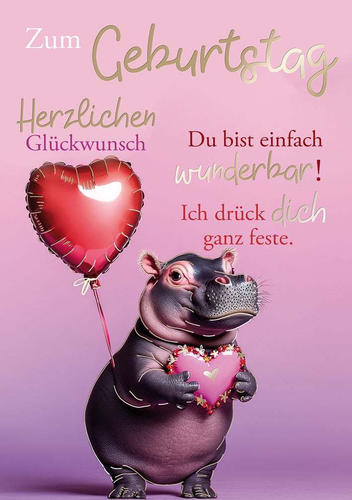 Hippo Birthday Geburtstagskarte „Herzballon“