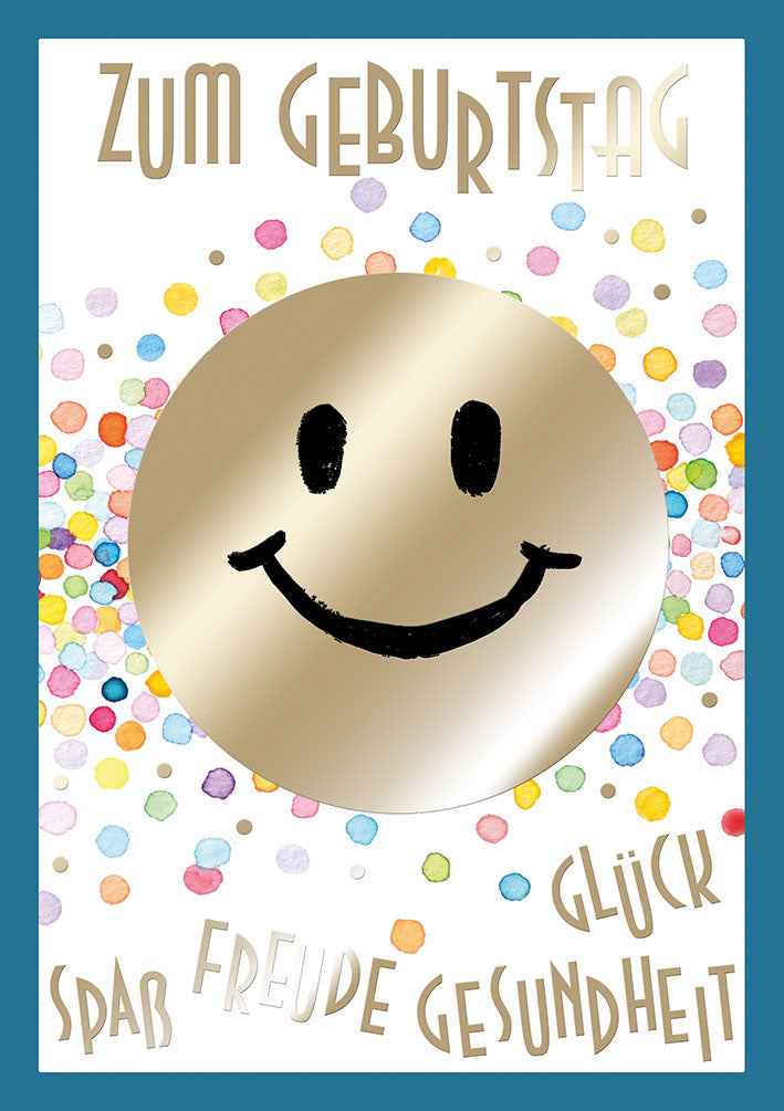 Farbrausch Geburtstagskarte „Goldener Smiley“