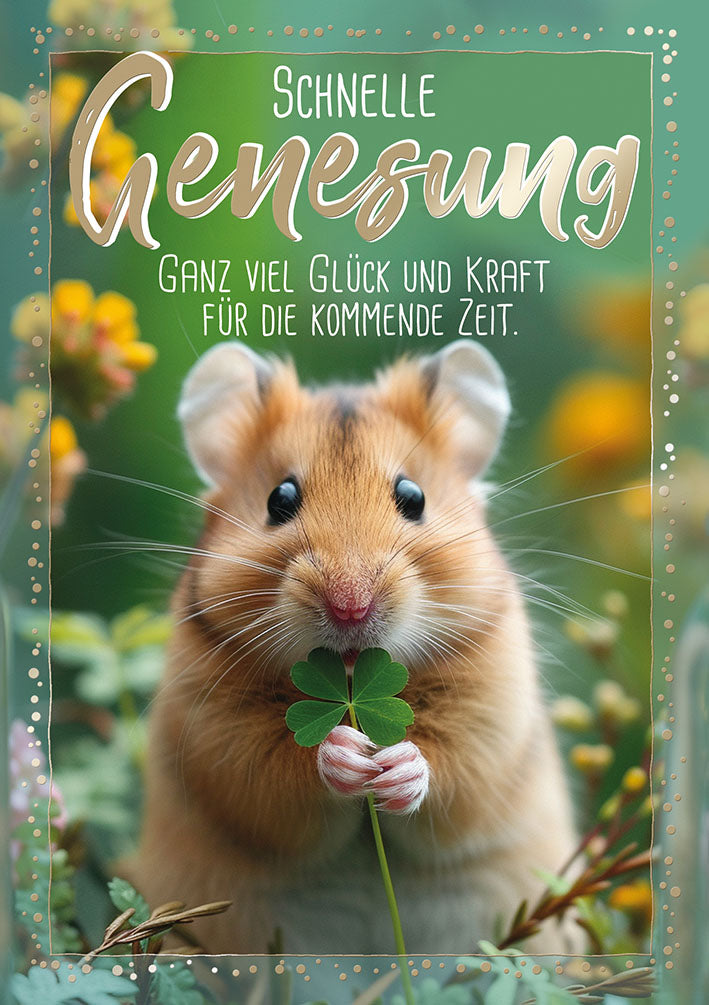Genesungskarte „Hamster mit Kleeblatt“