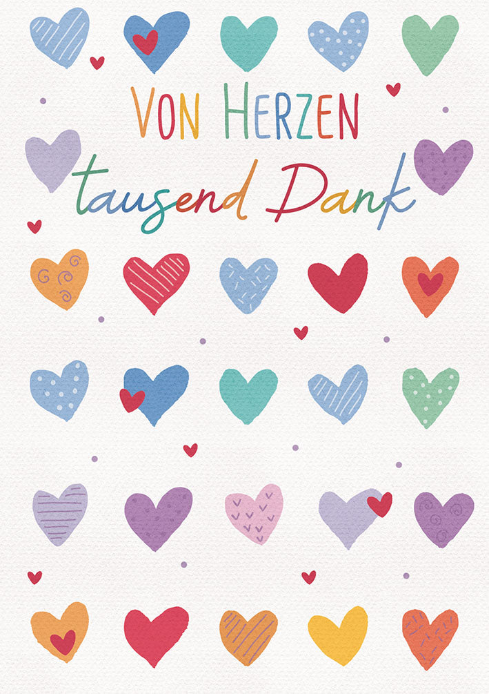 Dankeskarte „Bunte Herzen – Tausend Dank“