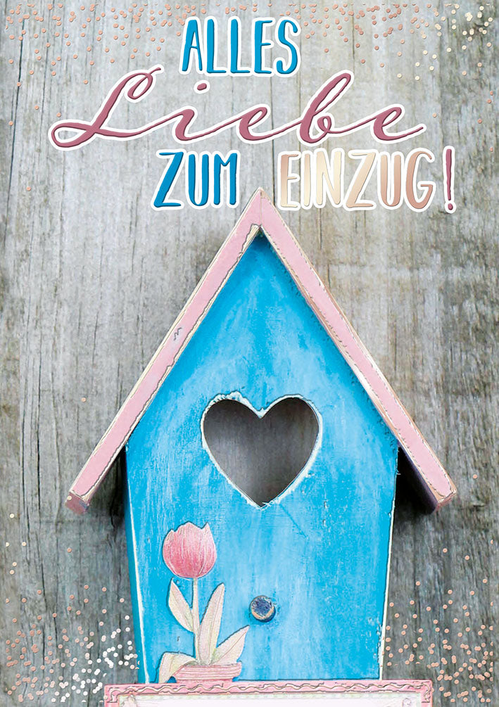 Karte zum Einzug „Blaues Vogelhaus mit Herz“