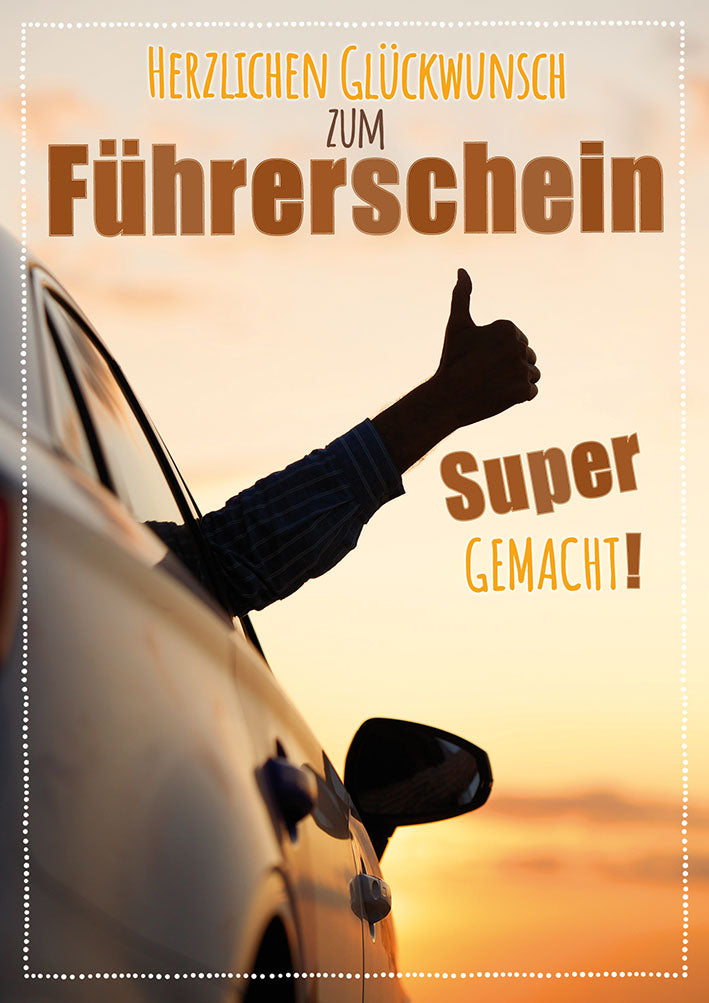 Karte zum Führerschein „Daumen hoch aus dem Autofenster“