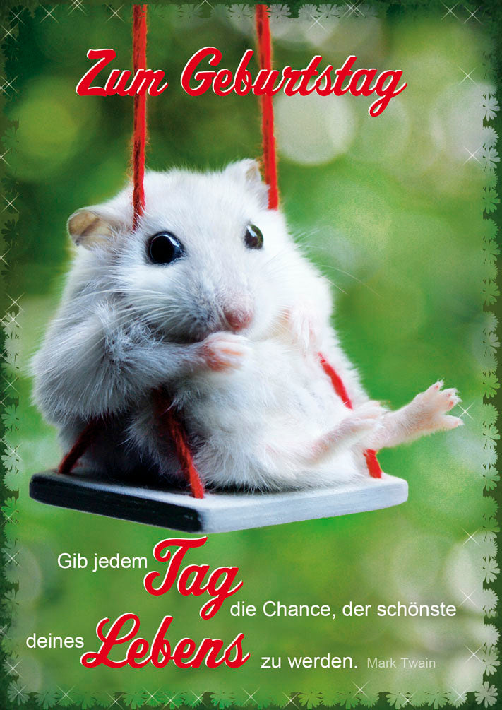 Geburtstagskarte „Hamster auf der Schaukel“
