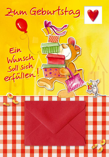 Geldkarte zum Geburtstag „Teddy mit Geschenken“