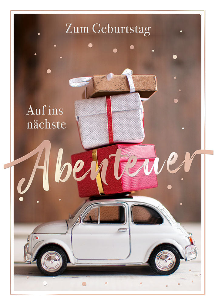 Geburtstagskarte „Geschenke auf dem Auto II“