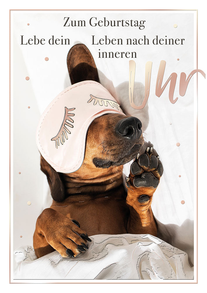 Geburtstagskarte „Dackel mit Schlafmaske“
