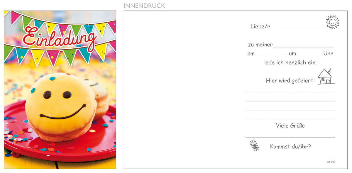 Einladungskarten Kindergeburtstag „Smiley-Kuchen“, 5 Stück