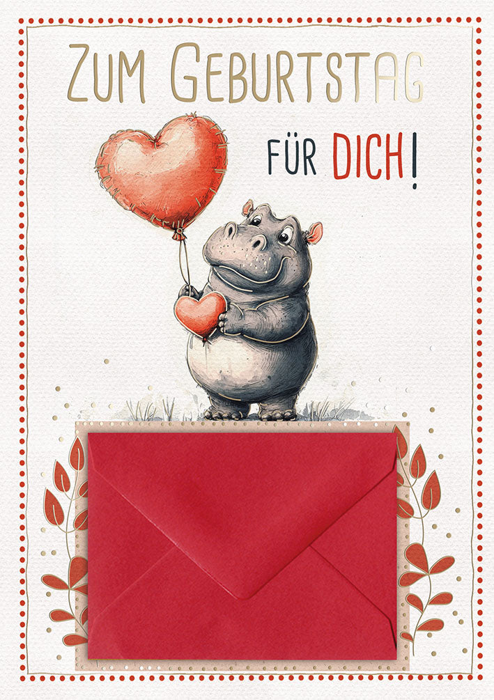 Geldkarte zum Geburtstag „Hippo mit Herzballon“