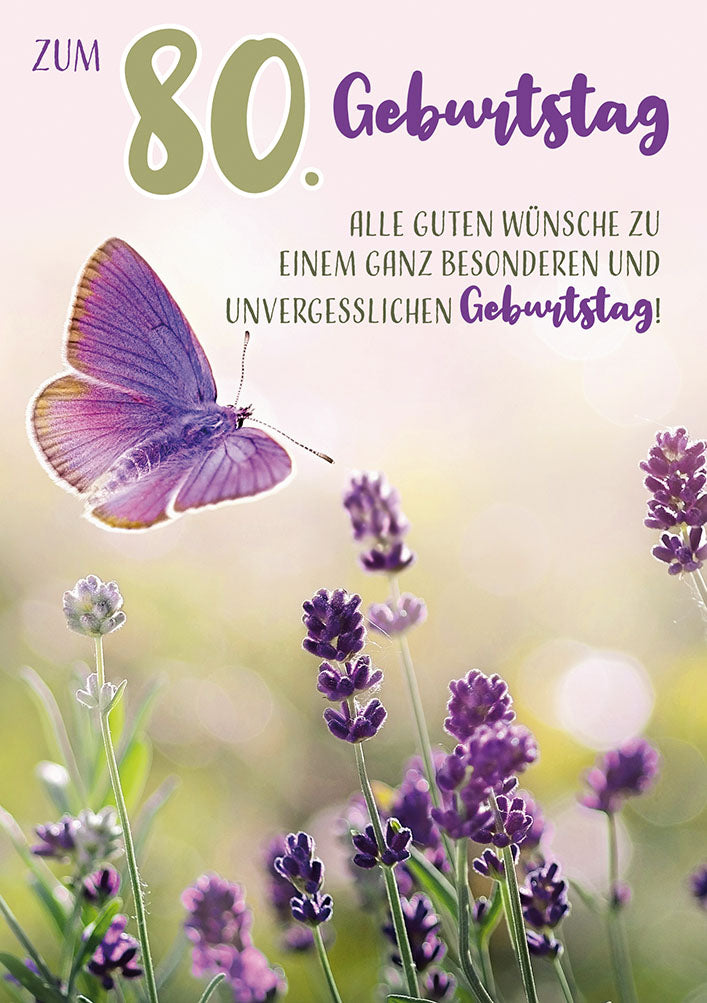 Karte zum 80. Geburtstag „Schmetterling im Lavendel“