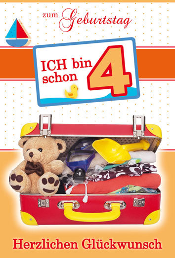 Kinderkarte zum 4. Geburtstag „Teddy im Koffer“