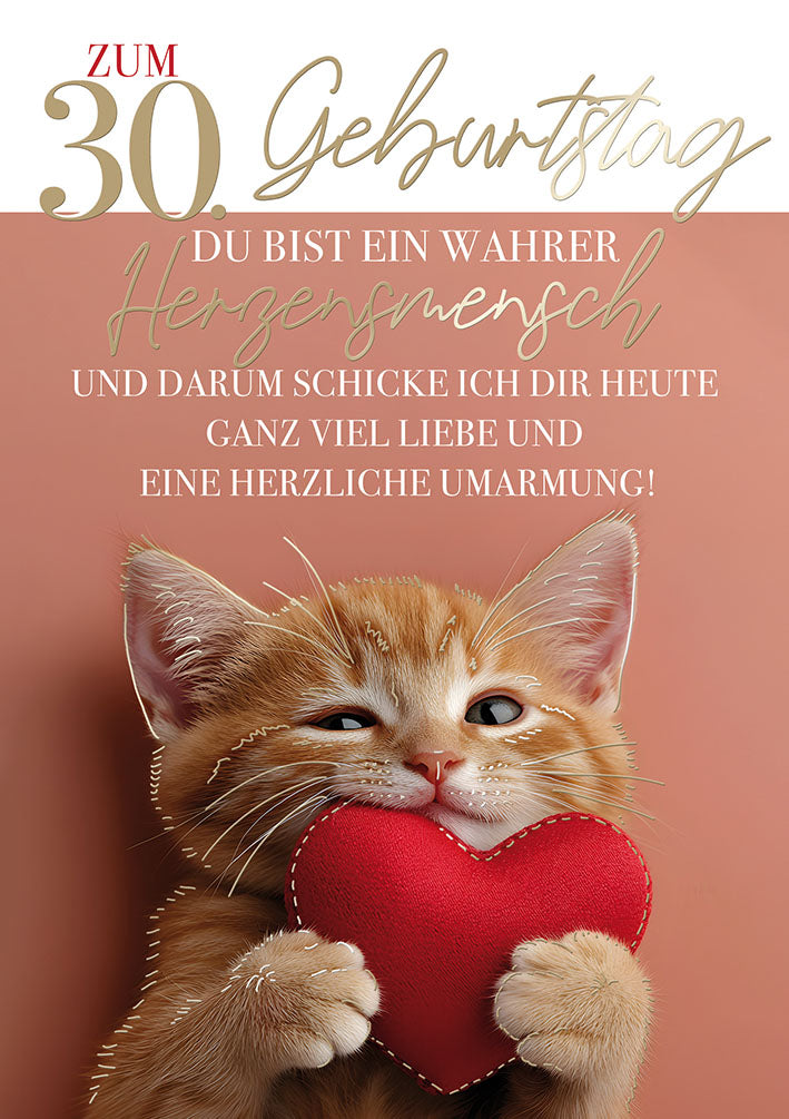 Karte zum 30. Geburtstag „Kätzchen mit Herz“