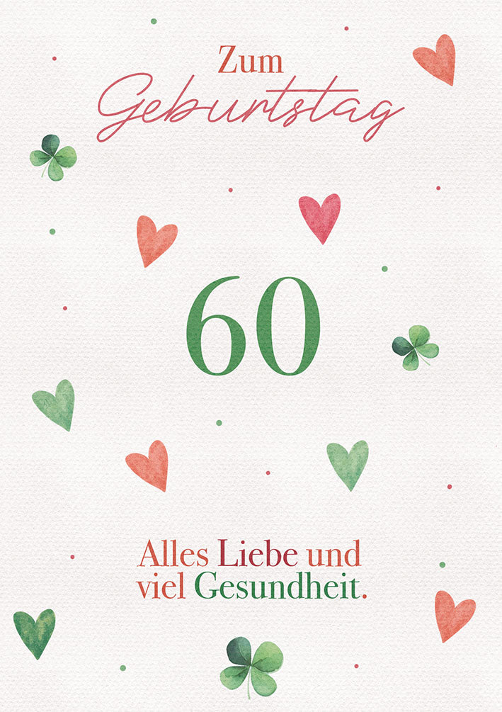 Karte zum 60. Geburtstag „Herzen und Klee“