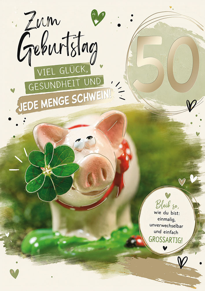 Karte zum 50. Geburtstag „Glücksschwein mit Klee“