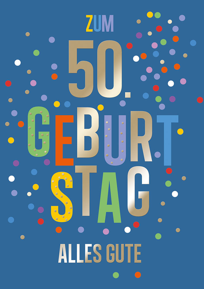 Karte zum 50. Geburtstag „Konfetti blau“