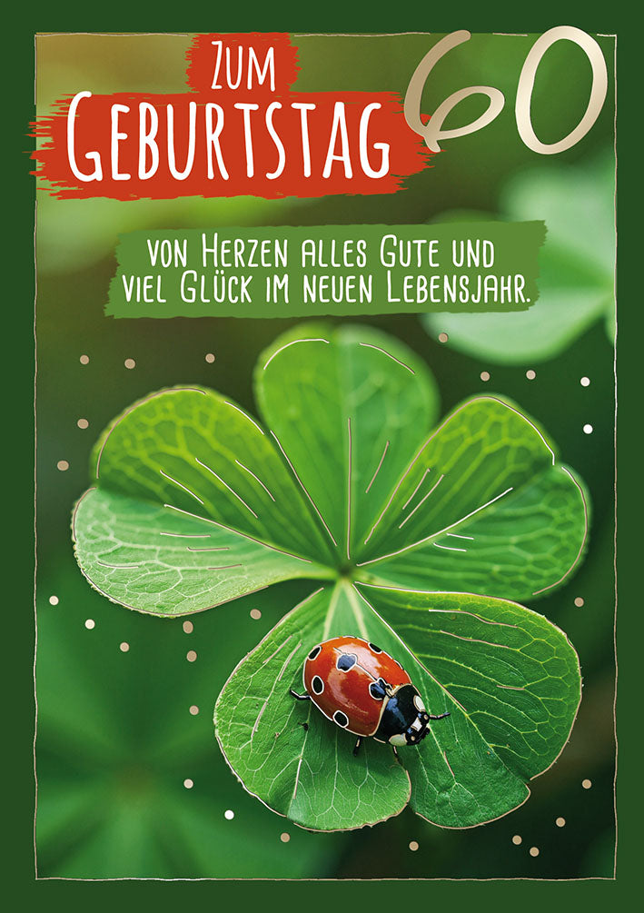 Karte zum 60. Geburtstag „Klee mit Marienkäfer“