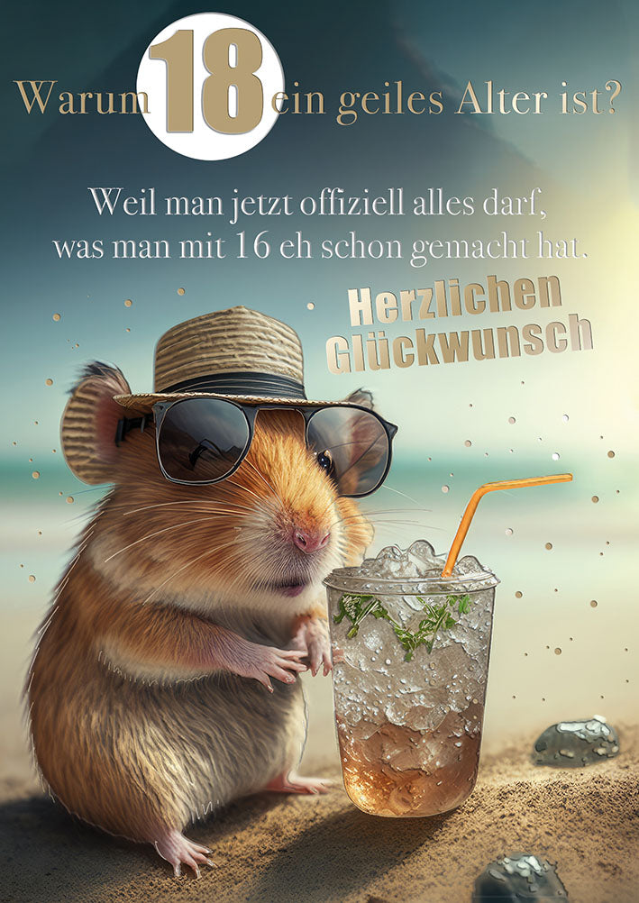 Karte zum 18. Geburtstag „Hamster mit Drink“