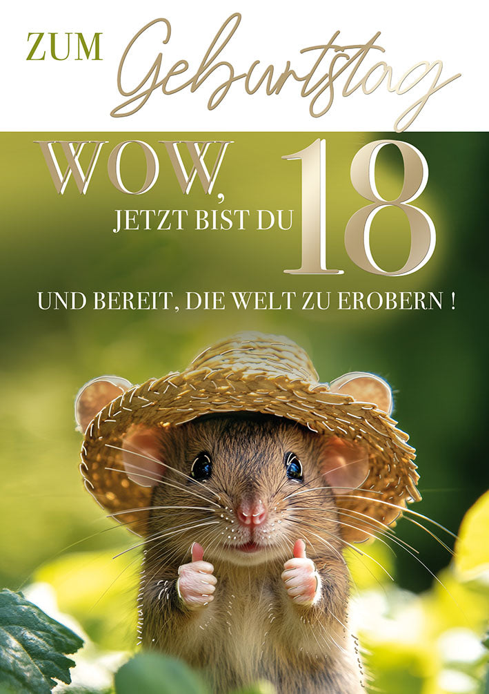 Karte zum 18. Geburtstag „Maus mit Strohhut“