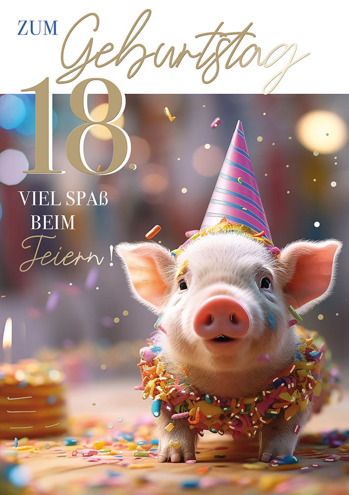 Karte zum 18. Geburtstag „Ferkel mit Partyhut“