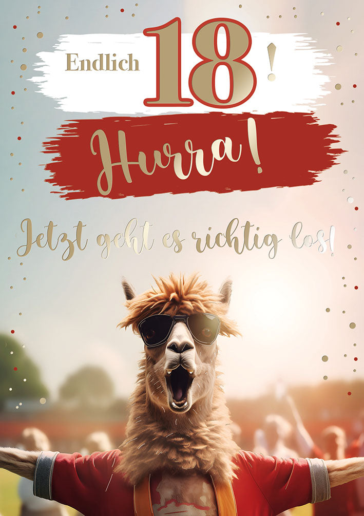 Karte zum 18. Geburtstag „Jubelndes Lama“
