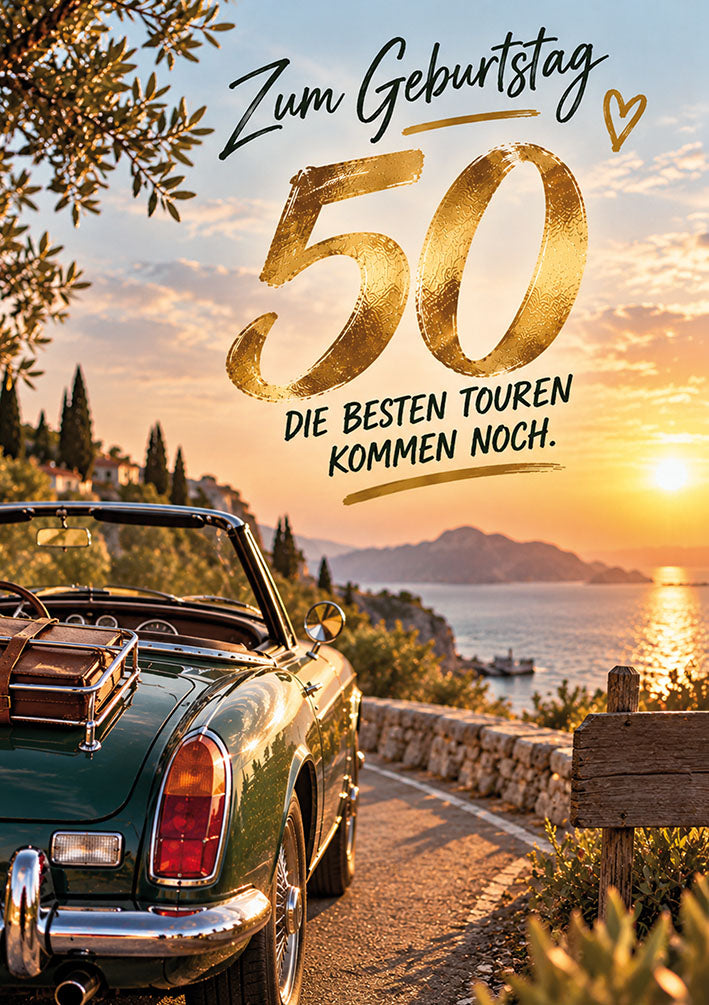Karte zum 50. Geburtstag „Cabrio am Meer“