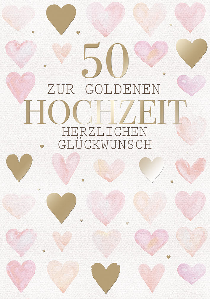 Karte zur Goldenen Hochzeit „Goldene 50 mit Herzen“
