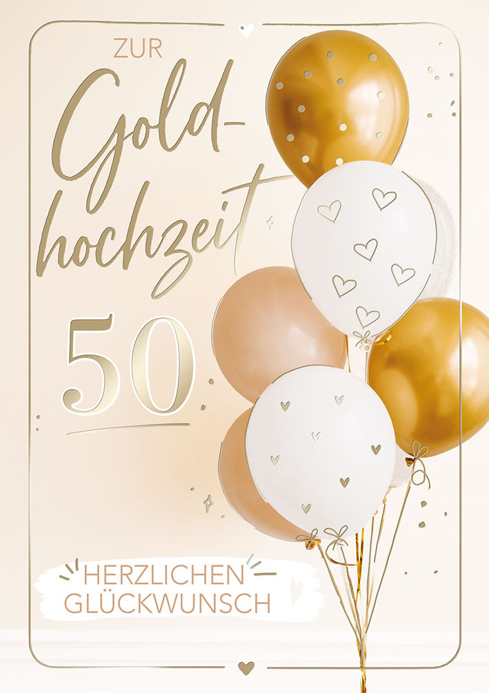 Karte zur Goldenen Hochzeit „Goldene Luftballons“
