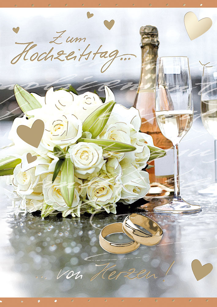 Karte zum Hochzeitstag „Brautstrauß und Sekt“